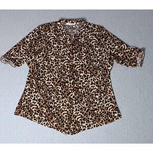 Emily Daniels 3/4 Sleeve Button-Up Shirt Womens Size 2XL Leopard Print Sparkle